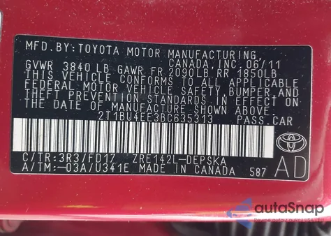 2011 Toyota Corolla S from USA, damaged, VIN 2T1BU4EE3BC635313